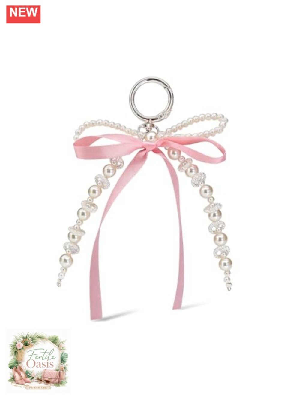 Pearl Bow Keychain for Women - Elegant Bag Charm with Silver Tone Key Ring
